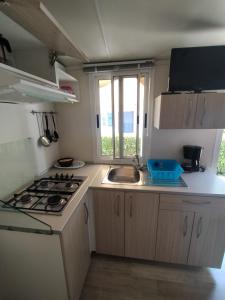 a small kitchen with a stove and a sink at Iris Gargano Vacanza in Peschici