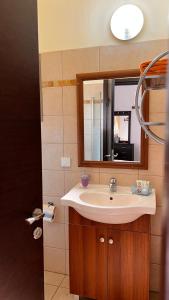 een badkamer met een wastafel en een spiegel bij skyZimmer network-Ahuzat omanim in Ani'am