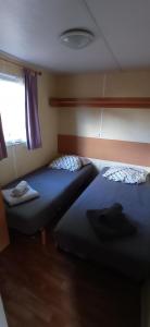 two beds in a small room with a window at CAMPING LE BEL AIR Mobil home L'OLIVIER 4 personnes in Limogne-en-Quercy