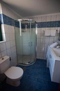 uma casa de banho com um chuveiro, um WC e um lavatório. em Villa Calliope Lardos em Lardos