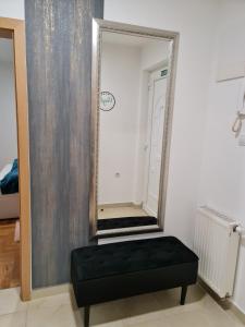 a mirror and a black ottoman in a room at Apartman Vinyl - self chek-in in Osijek