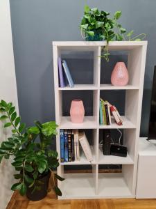 une étagère blanche avec des livres et des plantes en pot dans l'établissement Apartman Vinyl - self chek-in, à Osijek