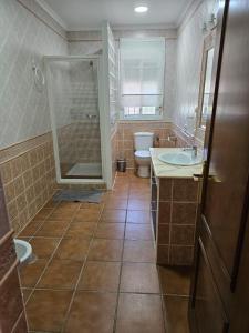 bagno con doccia, lavandino e servizi igienici di Villa Torrealta, 4000 m2, estancia mínima en verano 7 días de sábado a sábado a Cadice