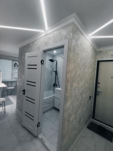 baño con ducha, aseo y puerta en Люкс в центре, en Uralsk