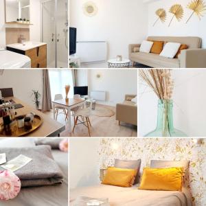 un collage de photos d'un salon avec un lit et une table dans l'établissement Le Doré Rose by Madame Conciergerie, à Bruz