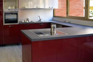 uma cozinha com armários vermelhos e um lavatório de aço inoxidável em Gregori Guest House em Roma
