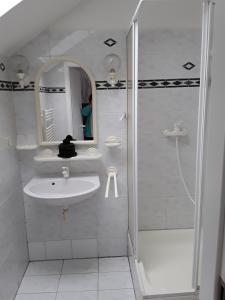 a white bathroom with a sink and a shower at Haus Jahn in Rohrbach