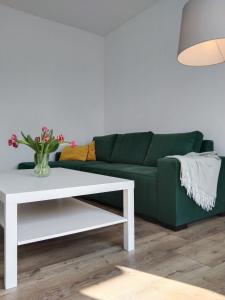 a living room with a green couch and a white coffee table at Tabago Studio 7 in Kędzierzyn-Koźle