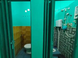 a bathroom with a toilet in a green room at Homestay/Bilik Teluk Gading in Kuala Rompin