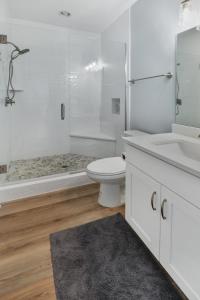 a bathroom with a toilet and a sink and a shower at Watershed Cottage in Mexico Beach