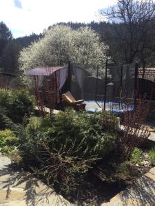 a garden with an umbrella and some bushes at САДИБА та ЧАН "NA PAGORBI" in Yaremche