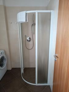 eine Dusche mit Glastür im Bad in der Unterkunft Raisc - La tua casa in Val Badia in Stern