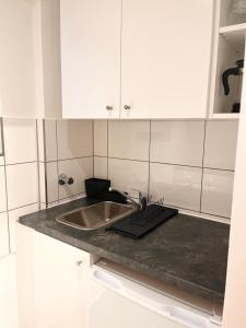 encimera de cocina con fregadero y armarios blancos en Gemütliches zentrales Apartment 2 min bis DU HBF en Duisburg