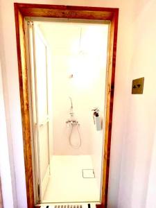 a bathroom with a shower with a mirror at 一棟貸し　魔女の休日CLUB in Nagano