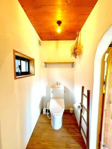 a bathroom with a toilet with a wooden ceiling at 一棟貸し　魔女の休日CLUB in Nagano +18 photos
