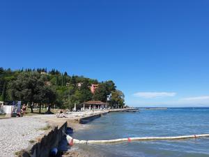 a beach with a pier and people on the water at Seafront Apartment Strunjan in Strunjan