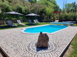 une statue d'un chat assis à côté d'une piscine dans l'établissement Quinta Japonesa, à Carvalhal Bemfeito