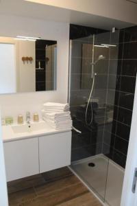 a bathroom with a shower and a sink and a mirror at West Bay Familieappartement in Middelkerke