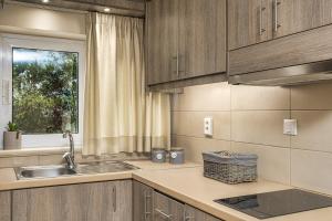 a kitchen with wooden cabinets and a sink and a window at Villa Dionysios in Keri
