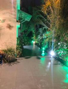 einen Gehweg mit grüner Beleuchtung in einem Gebäude in der Unterkunft Beautiful design Studio in Rischon LeZion