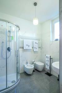 uma casa de banho com um chuveiro, um WC e um lavatório. em VILLA VITTORIA B&B - Wellness em Terme di Miradolo