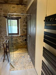 y baño con ducha y puerta de cristal. en Gîte le relais de la diligence, en Saint-Lazare