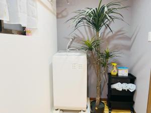 大阪市にあるNamba Shinsaibashi 10 mins Reiko guest houseの冷蔵庫と鉢植えの植物2本が備わる部屋