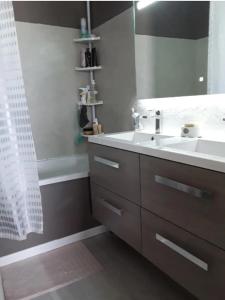 波爾多的住宿－Chambre lumineuse ds mon appart，浴室配有盥洗盆、镜子和浴缸