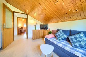 ein Wohnzimmer mit einem blauen Sofa und einer Holzdecke in der Unterkunft Apartment Lipovac in Malinska