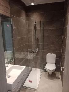 a bathroom with a shower and a toilet and a sink at Lagoon View 2 Bedroom IL Monte Galala Ain Sokhna C2-CH28-2-1 in Ain Sokhna