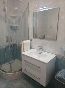 a bathroom with a sink and a shower at Neda Apartmani in Mali Lošinj