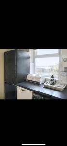 a kitchen with a stainless steel refrigerator and a window at Village view apartments in Tynemouth