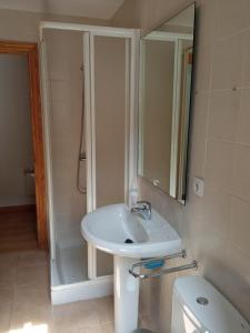 uma casa de banho com um lavatório e um chuveiro com um espelho. em Apartamento Casa Leonora em Panticosa