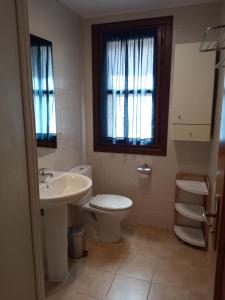 a bathroom with a sink and a toilet and a window at Apartamento Casa Leonora in Panticosa