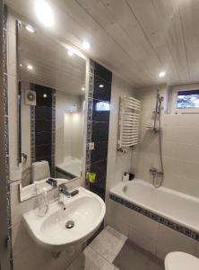 a bathroom with a sink and a tub and a toilet at Świętokrzyska Sielanka in Miedziana Góra