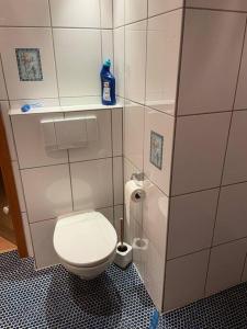 uma casa de banho com um WC branco numa cabina em Apartment mit Ausblick em Lambrecht