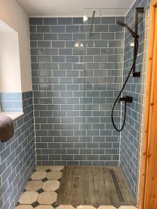 a bathroom with a shower with blue tiles at Stadthaus Usedom in Usedom Town