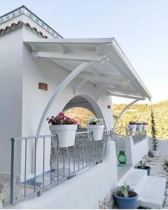 eine Terrasse mit Topfpflanzen auf einem weißen Gebäude in der Unterkunft Dimora Mediterranea in Mattinata