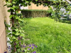 a garden with green grass and purple flowers at FeWo am Riedlewald in Friedrichshafen