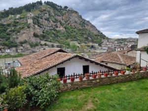 une maison avec un mur en pierre en face d'une montagne dans l'établissement Romeo's Guest House, à Berat