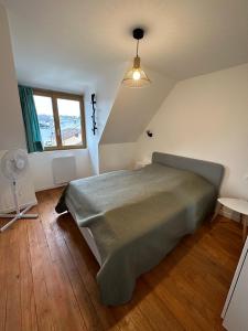 een slaapkamer met een bed, een raam en een ventilator bij Superbe appartement proche centre ville, thermes in Bagnères-de-Bigorre