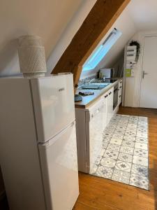 uma cozinha com um frigorífico branco e piso em azulejo em Superbe appartement proche centre ville, thermes em Bagnères-de-Bigorre