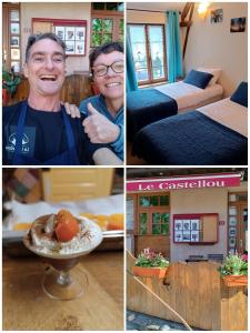 a collage of photos of a man in a room at Le Castellou in Conques