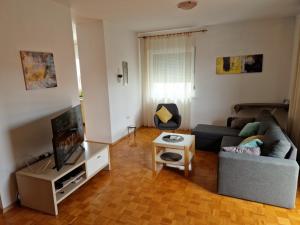 ein Wohnzimmer mit einem Sofa und einem TV in der Unterkunft Apartment Pepi in Biograd na Moru