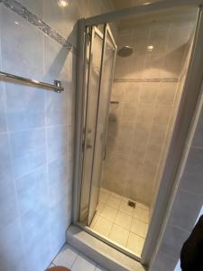 a shower with a glass door in a bathroom at Haus Blaubär in Friedrichskoog