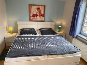 弗里德里希斯科格的住宿－Haus Blaubär，卧室内的一张床位,配有两盏灯和一张墙上的照片