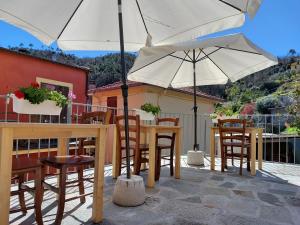 Affittacamere Ca der Culunellu في Soviore: طاولة وكراسي مع مظلات على الفناء