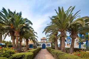 un chemin bordé de palmiers devant un bâtiment dans l'établissement Minarete, à Roquetas de Mar