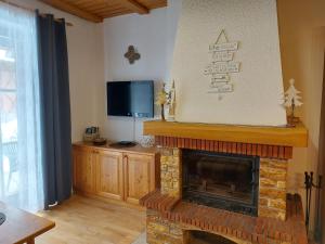 a living room with a fireplace and a tv at Bolfenk Apartment in Hočko Pohorje