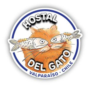 een label voor een visbedrijf met een kat en vis bij Hostal del gato in Valparaíso